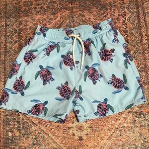 Blue and Red Swim Trunks with Turtle Pattern